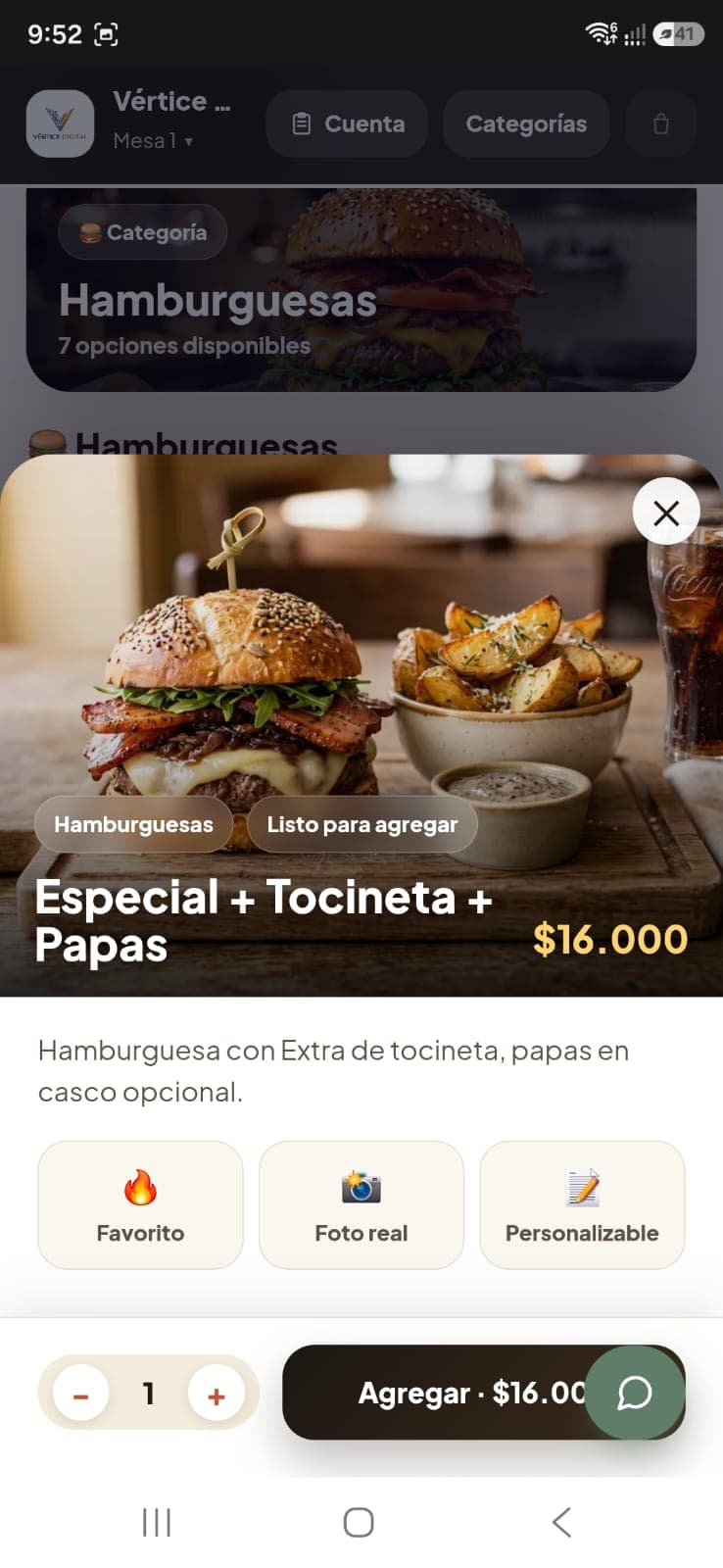 Menú móvil conectado con Vértice POS