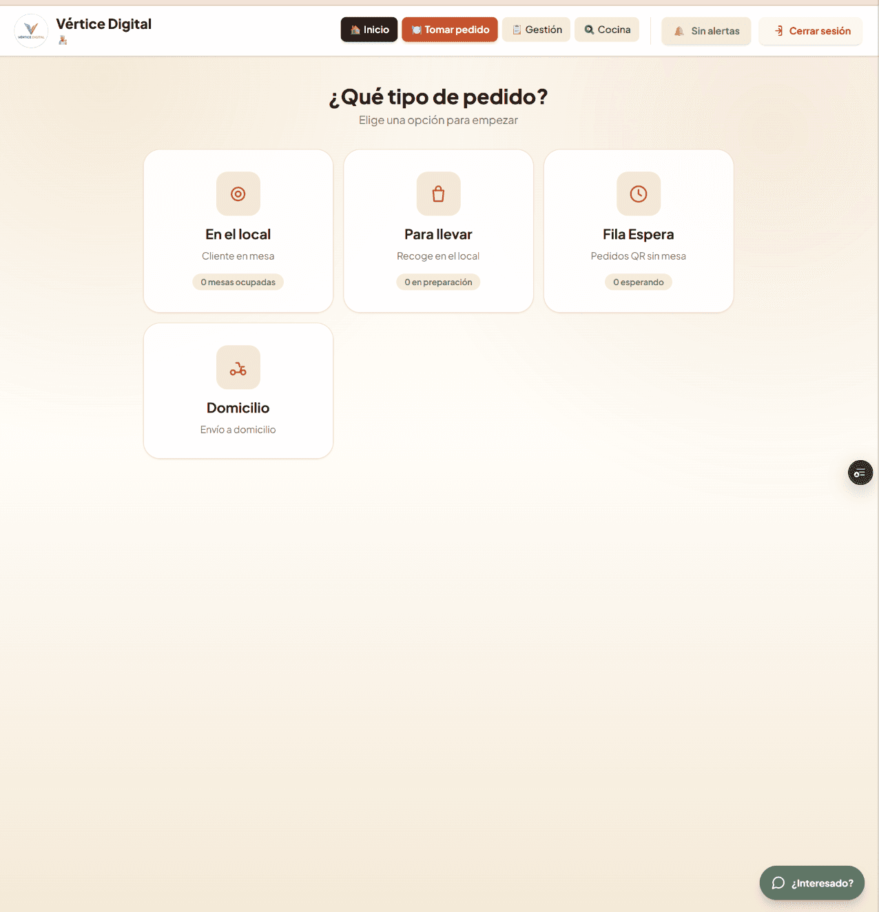 Order type selection for dine-in, takeaway, waitlist and delivery